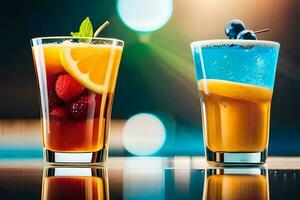 dos lentes de bebidas con diferente colores. generado por ai foto