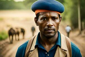 a man in a blue beret stands on a dirt road. AI-Generated photo