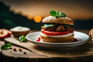 a burger with tomatoes and cheese on a plate. AI-Generated photo