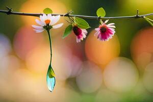 a flower is hanging from a branch with a drop of water. AI-Generated photo