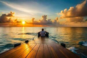 hombre sentado en el arco de un barco a puesta de sol. generado por ai foto