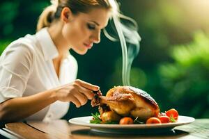 un mujer es comiendo un asado pollo en un lámina. generado por ai foto