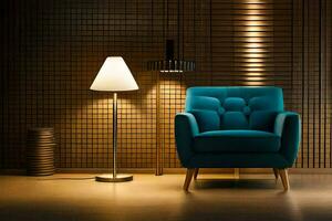 a blue chair and lamp in a room. AI-Generated photo