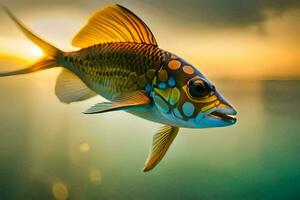 un pescado con un amarillo y azul modelo es nadando en el océano. generado por ai foto