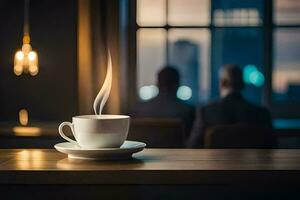 a cup of coffee on a table in front of a window. AI-Generated photo