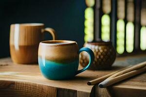 two coffee cups and a wooden table with a wooden spoon. AI-Generated photo