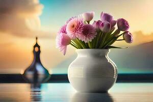 pink flowers in a vase on a table. AI-Generated photo