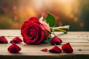 a single red rose is placed on a wooden table with petals scattered around it. AI-Generated photo