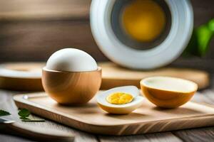 hard boiled eggs on a cutting board. AI-Generated photo