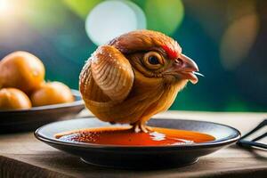 a chicken is sitting on a plate with a bowl of sauce. AI-Generated photo
