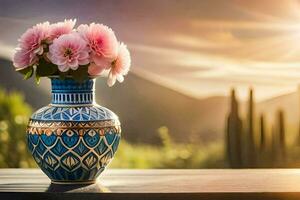 a vase with pink flowers on a table in front of a sunset. AI-Generated photo