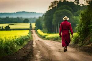 a monk walks down a dirt road in a red robe. AI-Generated photo