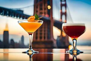 two cocktails on a table in front of a bridge. AI-Generated photo