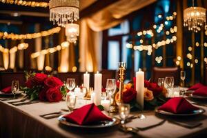 a table setting with candles and red roses. AI-Generated photo