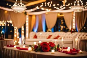 a wedding reception table with red roses and candles. AI-Generated photo