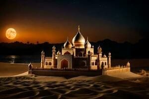 un pequeño arena castillo en el Desierto a noche. generado por ai foto