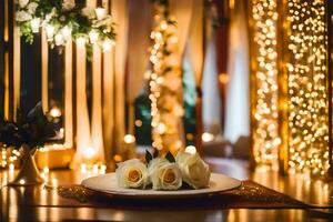 a white rose on a plate in front of a table with candles. AI-Generated photo