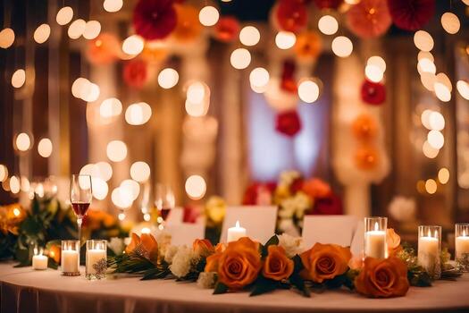 a table with candles and flowers in front of a string of lights. AI-Generated photo