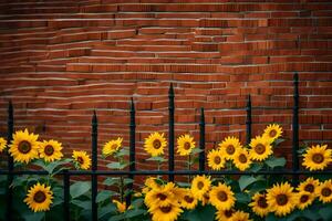 girasoles en frente de un ladrillo pared. generado por ai foto