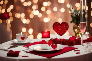 a table setting with red and white table cloths and a heart shaped plate. AI-Generated photo