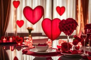 valentine's day table setting with red hearts. AI-Generated photo