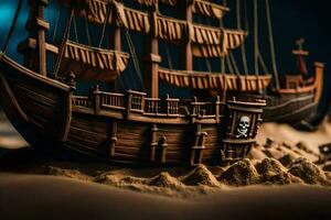 a model of a pirate ship in the sand. AI-Generated photo