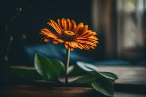 orange flower on a wooden table. AI-Generated photo