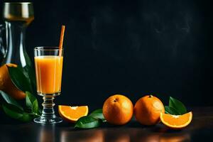 orange juice in a glass and oranges on a table. AI-Generated photo