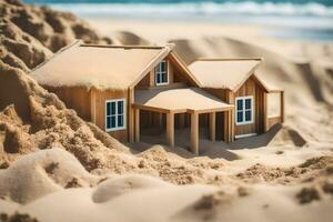 a miniature wooden house is sitting in the sand. AI-Generated photo