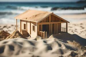 a small wooden house on the beach with sand. AI-Generated photo