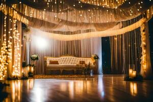 a wedding reception room with a white couch and a white canopy. AI-Generated photo