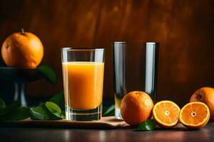 orange juice in a glass and a glass of orange juice. AI-Generated photo