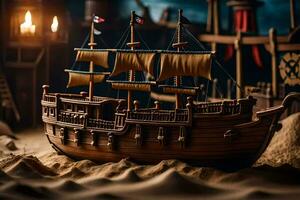 a model of a pirate ship in the sand. AI-Generated photo