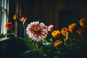 flowers in the window by the window. AI-Generated photo