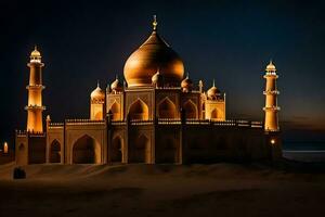 el mezquita es iluminado arriba a noche. generado por ai foto