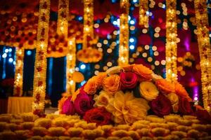 un vistoso arreglo de flores y guirnaldas en un habitación. generado por ai foto