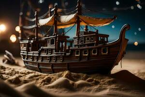 a model of a pirate ship in the sand. AI-Generated photo