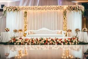 an elegant wedding stage with flowers and white couches. AI-Generated photo