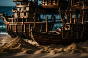 a model of a pirate ship on the beach. AI-Generated photo