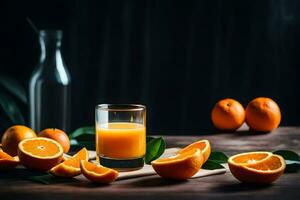 orange juice in a glass and slices of oranges on a wooden table. AI-Generated photo