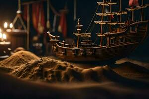 a model of a pirate ship in a dark room. AI-Generated photo