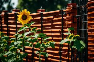 a sunflower is growing in front of a brick fence. AI-Generated photo