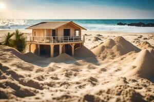 a small house sits in the sand on a beach. AI-Generated photo