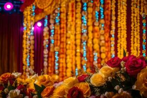 a colorful wedding stage with flowers and garlands. AI-Generated photo