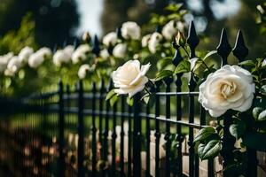 white roses on a black wrought fence. AI-Generated photo