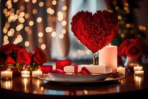 valentine's day table setting with candles and roses. AI-Generated photo