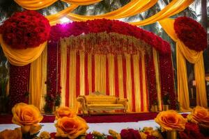 a wedding stage decorated with red and yellow flowers. AI-Generated photo