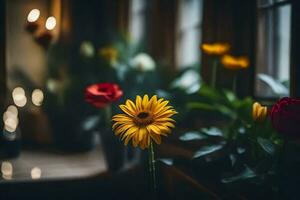 yellow flower in front of a window with candles. AI-Generated photo