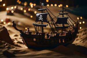 a pirate ship is sitting in the sand. AI-Generated photo