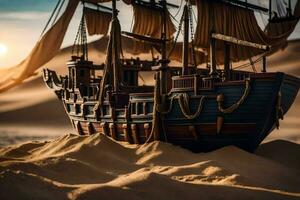 a model of a pirate ship in the desert. AI-Generated photo